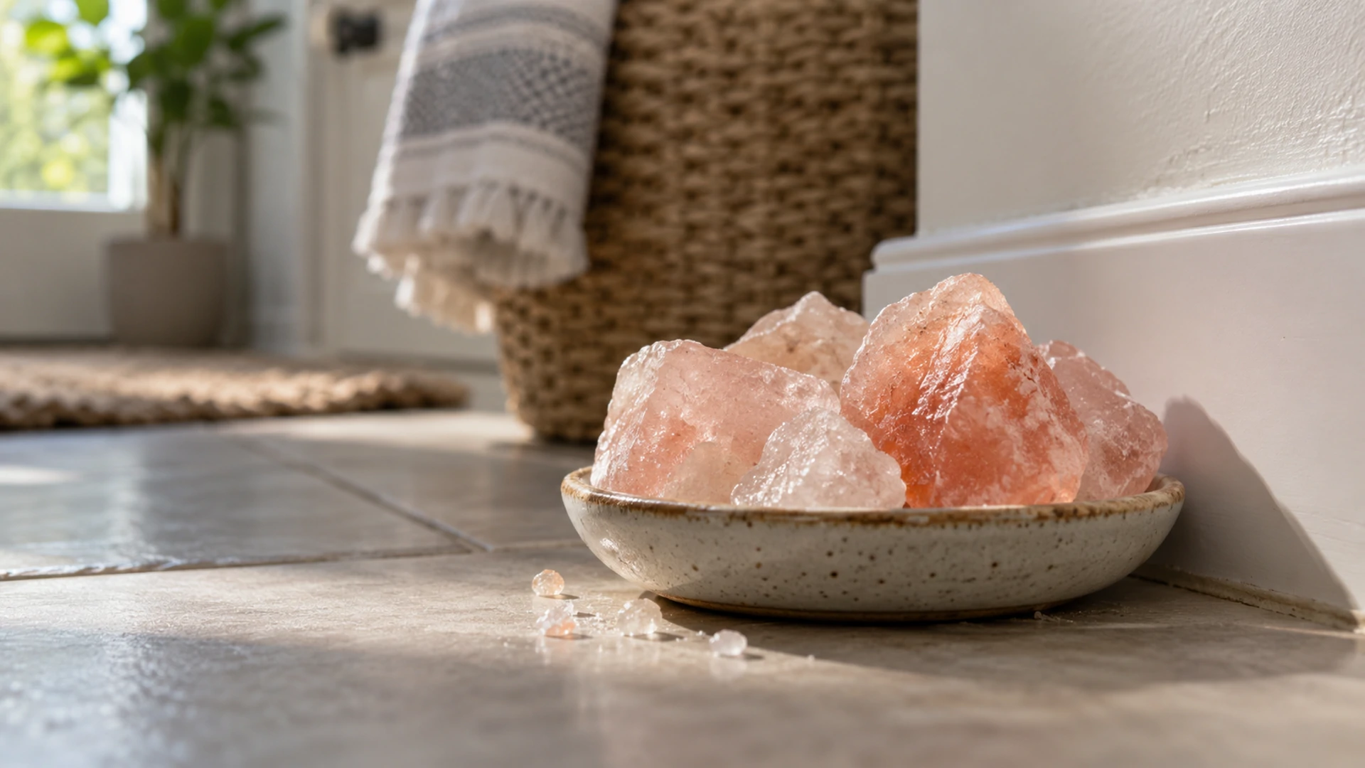 Raw pink and orange halite chunks resting on a small dish in a room corner