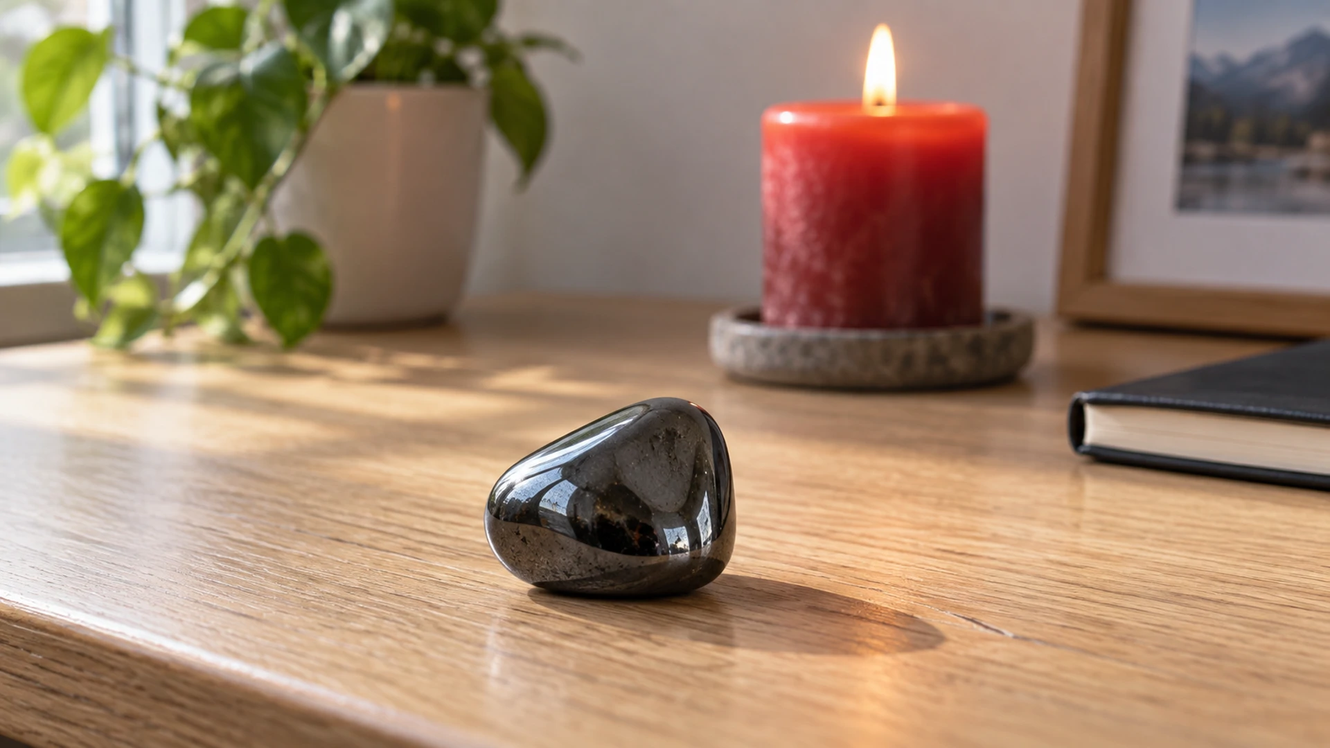 Dark metallic hematite stone beside a lit red candle on a bright modern desk