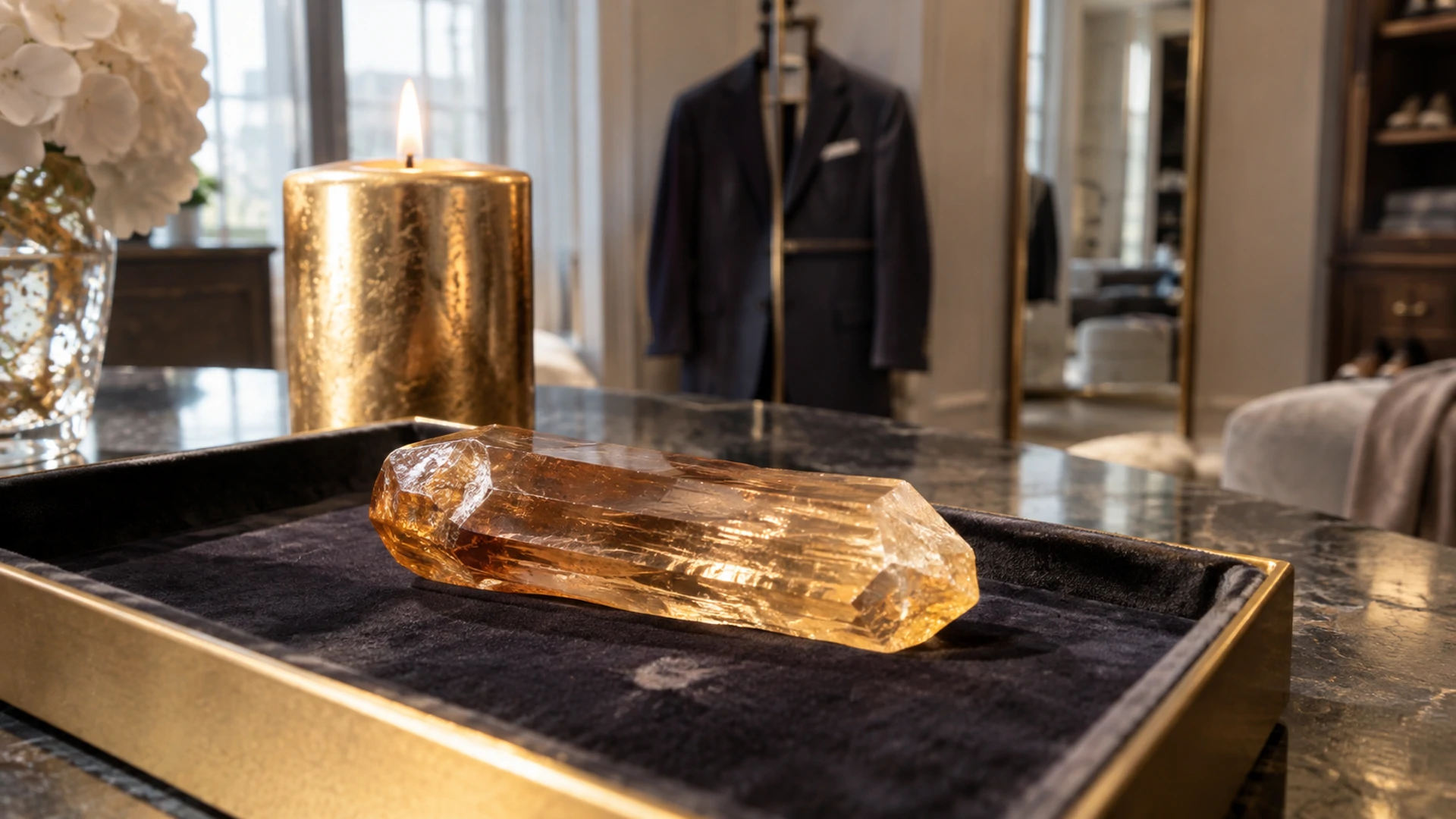 Raw orange-pink imperial topaz crystal in its natural form beside a lit gold candle