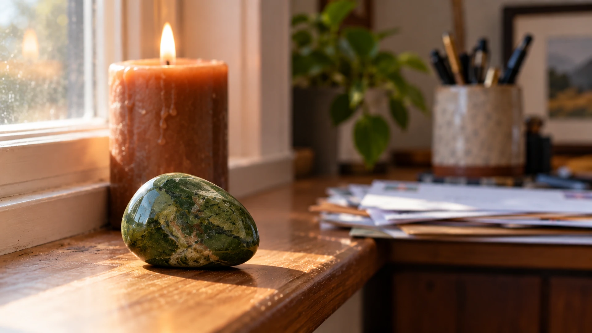 Tumbled reddish-brown jasper stone beside a lit brown candle on a windowsill