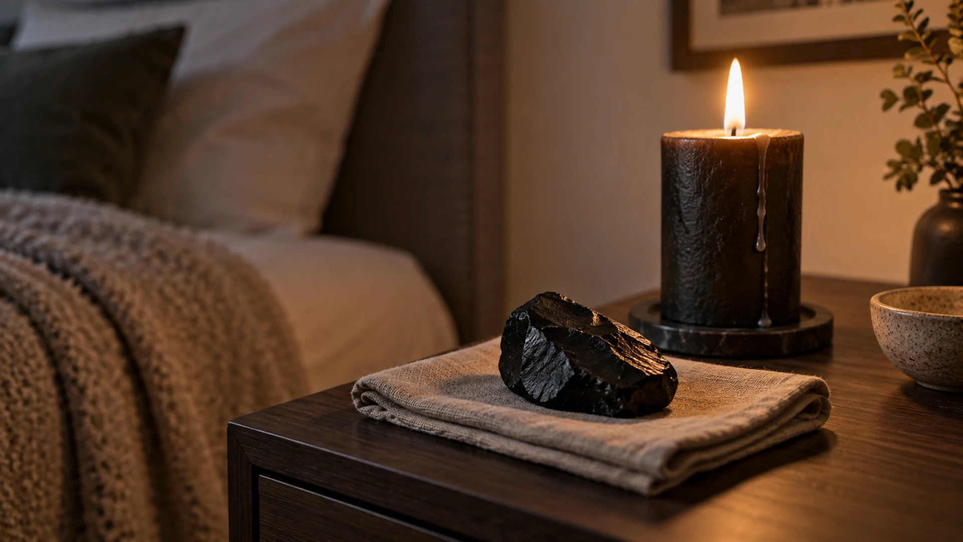 Deep black jet stone resting beside a lit black candle in a modern bedroom
