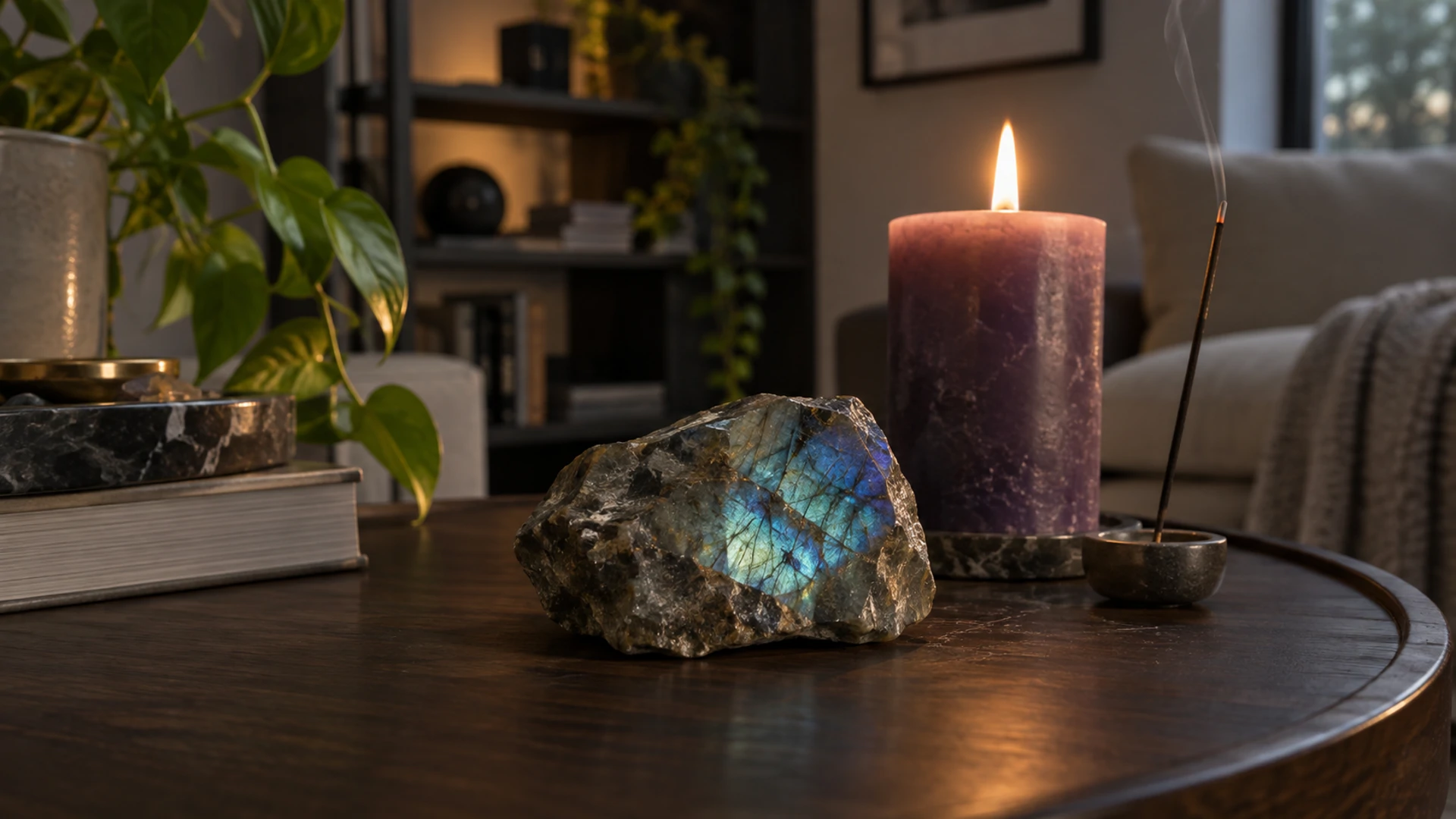 Raw labradorite stone in its natural form showing a blue flash beside a lit purple candle
