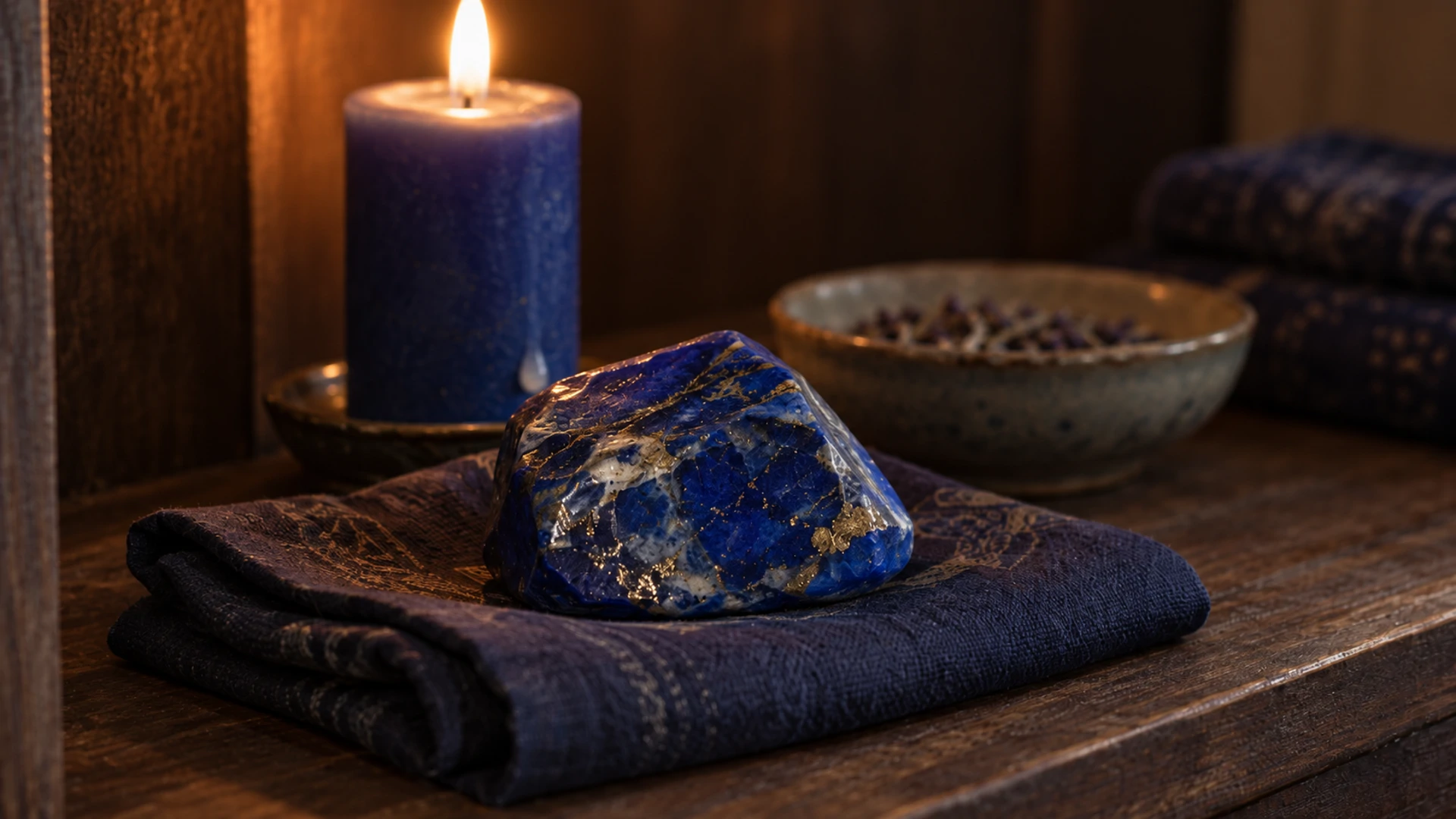 Natural deep blue lapis lazuli stone with golden pyrite flecks beside a lit blue candle