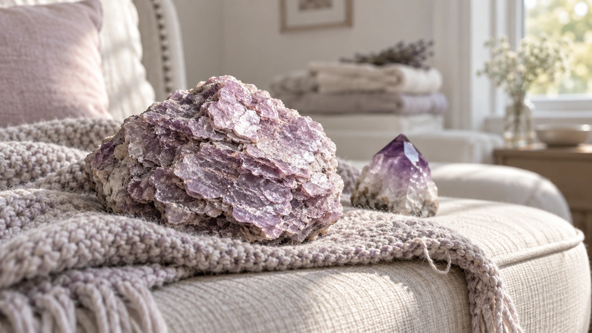 Raw lilac lepidolite stone beside a raw amethyst crystal point on a bedroom chaise