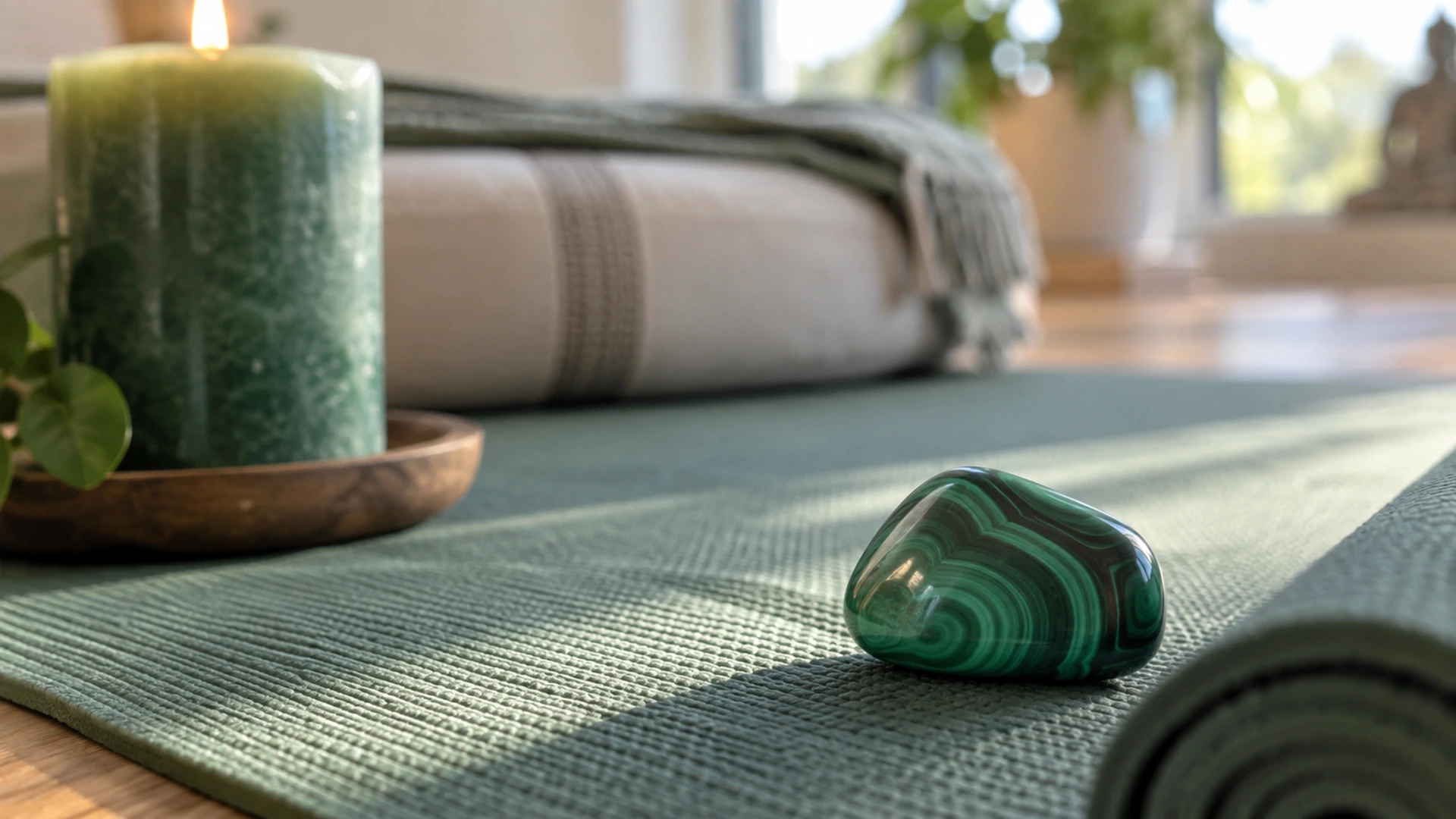 Polished green banded malachite stone beside a lit green candle on a yoga studio floor