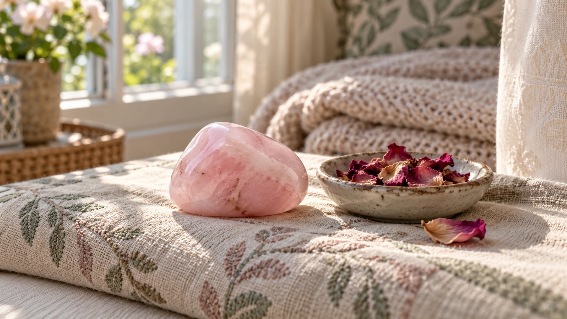 Tumbled pale pink mangano calcite stone beside dried rose petals on a sunlit window seat