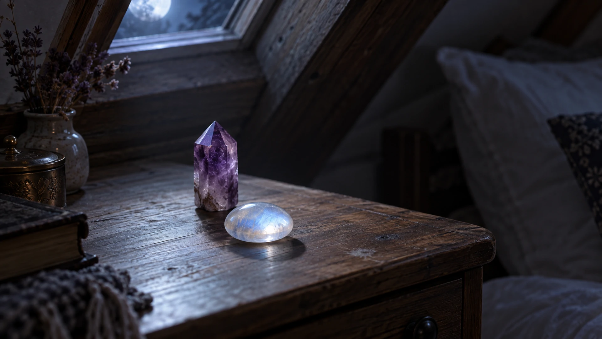 Polished pale moonstone beside a small amethyst crystal point under a skylight at night