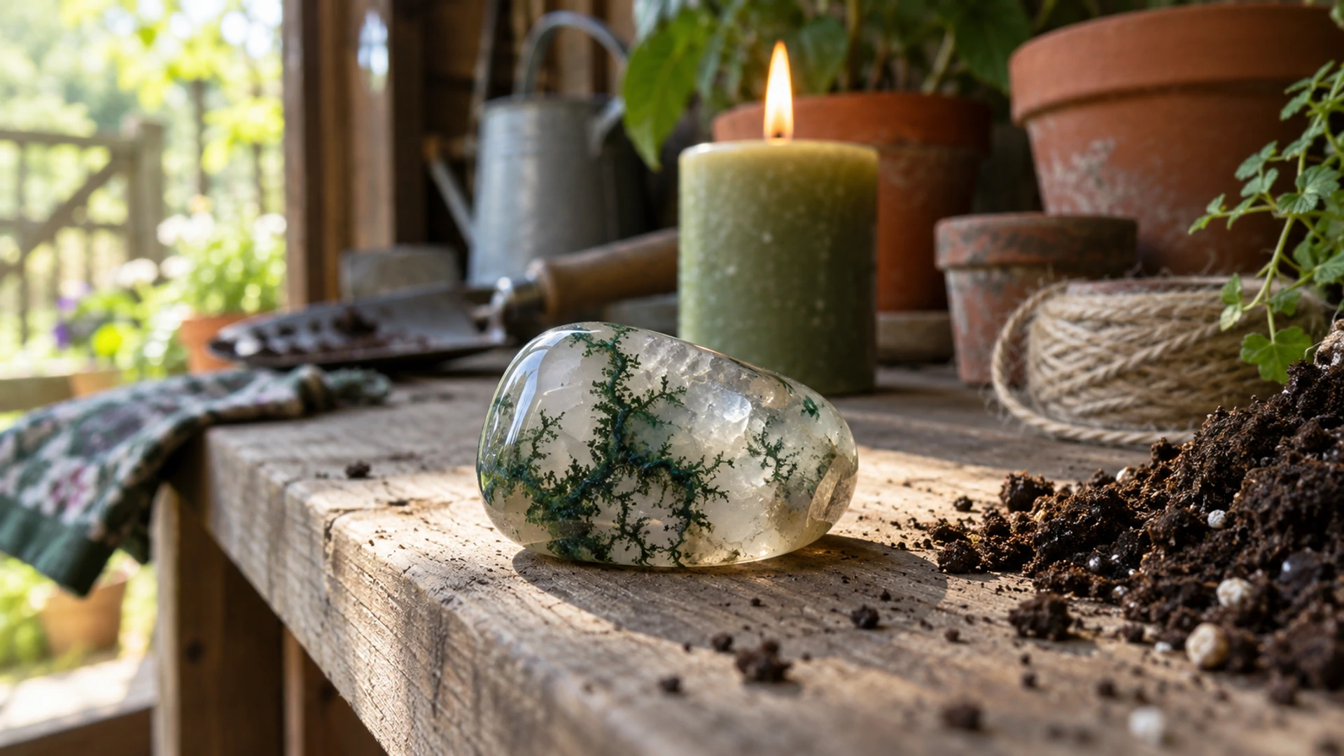Tumbled moss agate stone with green dendritic patterns beside a lit green candle and soil