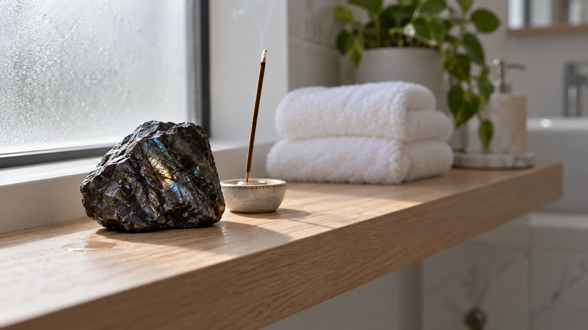 Dark shimmering nuummite stone beside a frankincense incense stick on a bathroom shelf