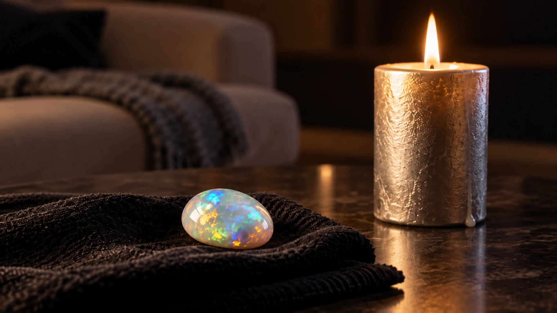 Polished opal showing play-of-color beside a lit silver candle