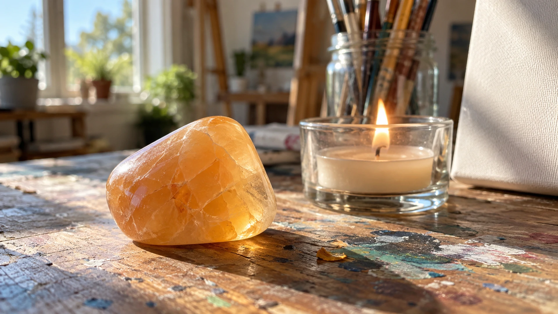 Tumbled honey-orange calcite stone beside a lit tealight candle on an art table