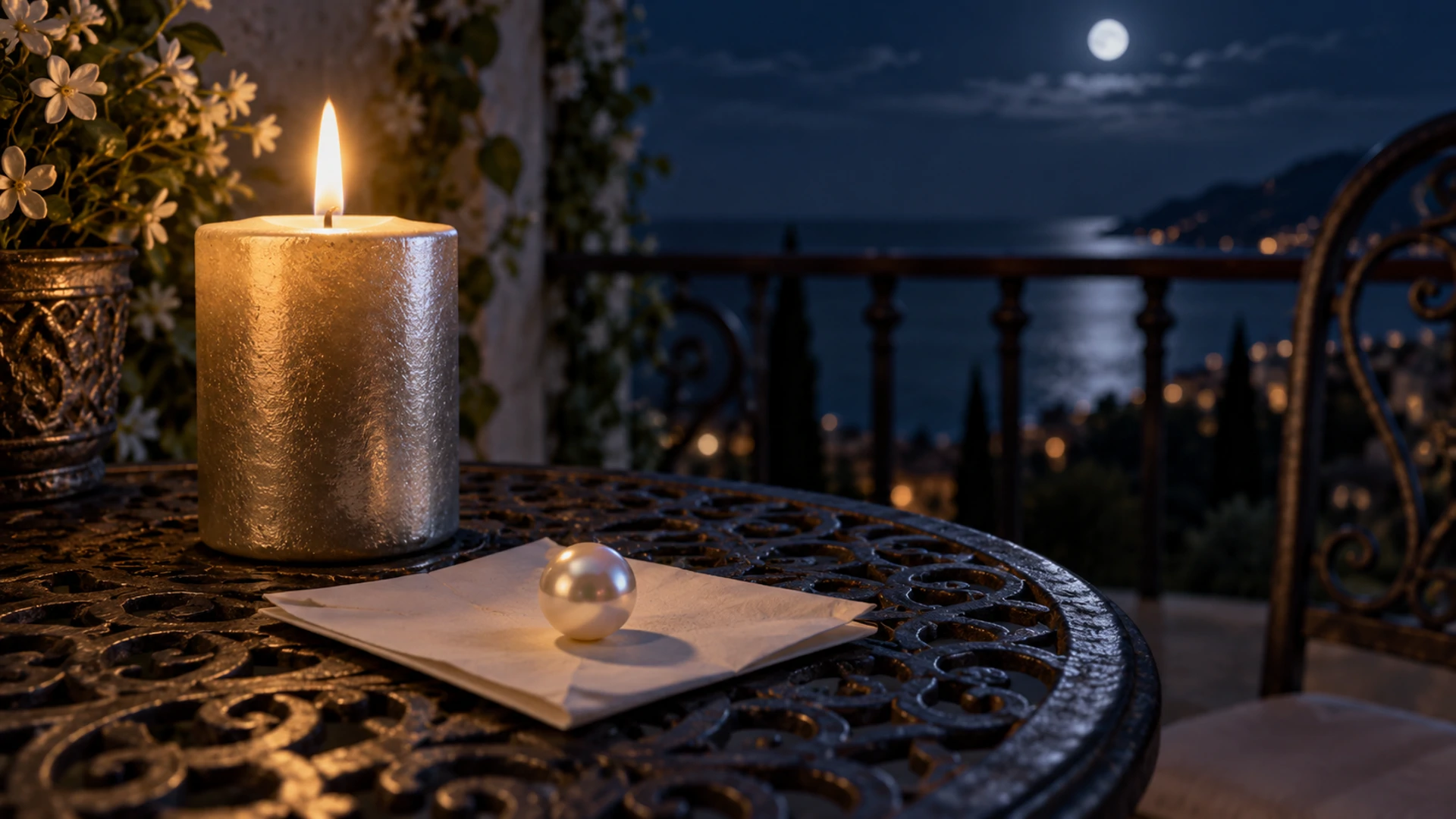 A single lustrous white pearl beside a folded paper and a lit silver candle at night