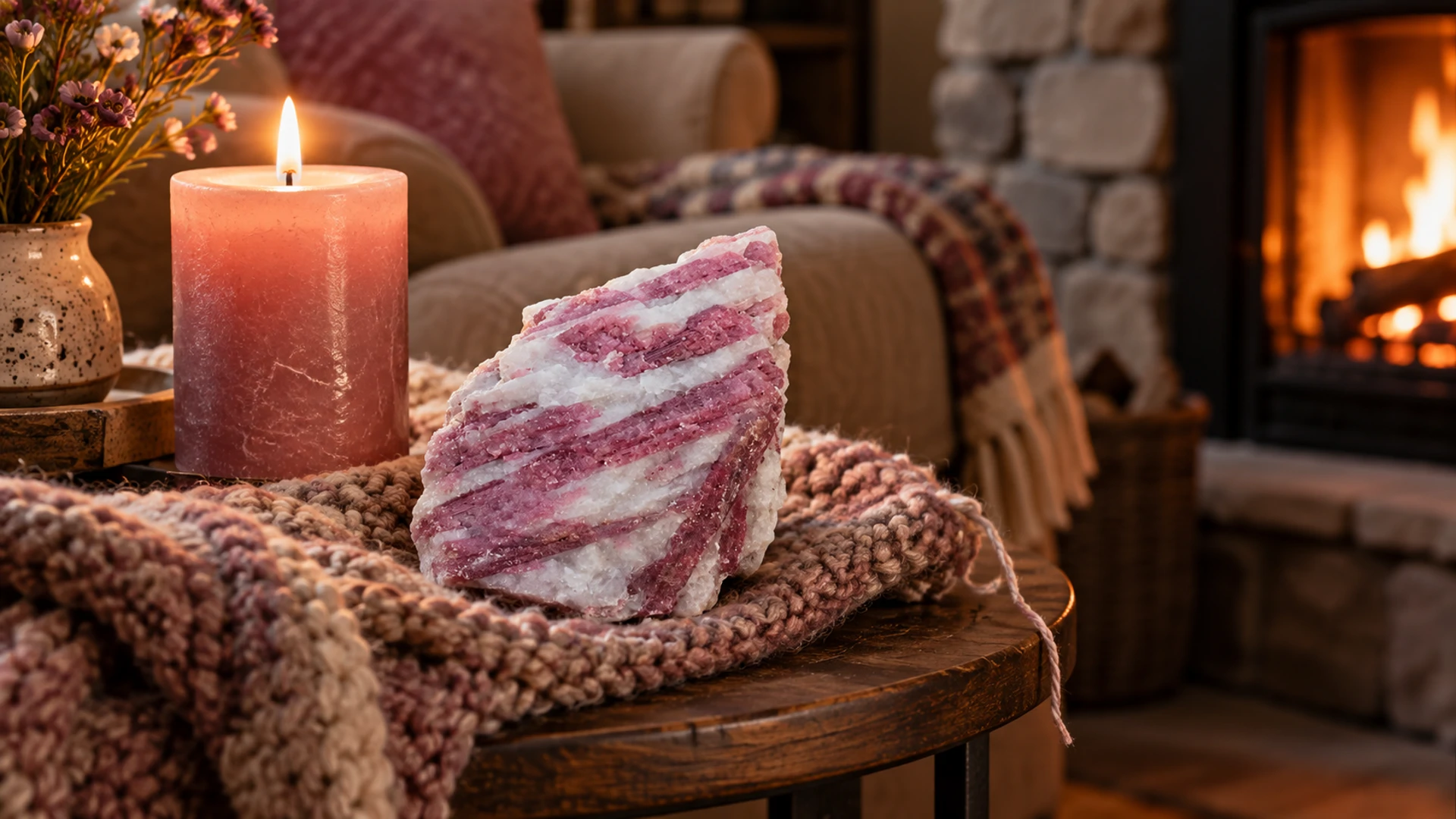 Raw pink tourmaline crystal in its natural elongated form beside a lit pink candle