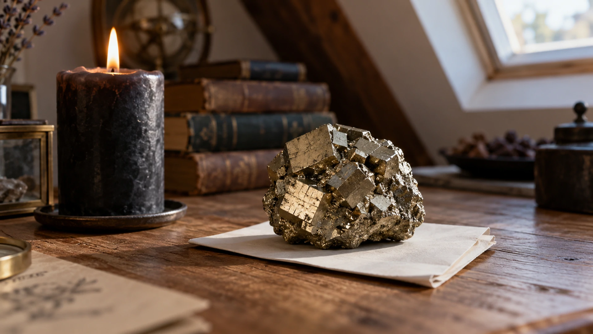 Raw brassy pyrite cluster in its natural cubic form beside a lit black candle