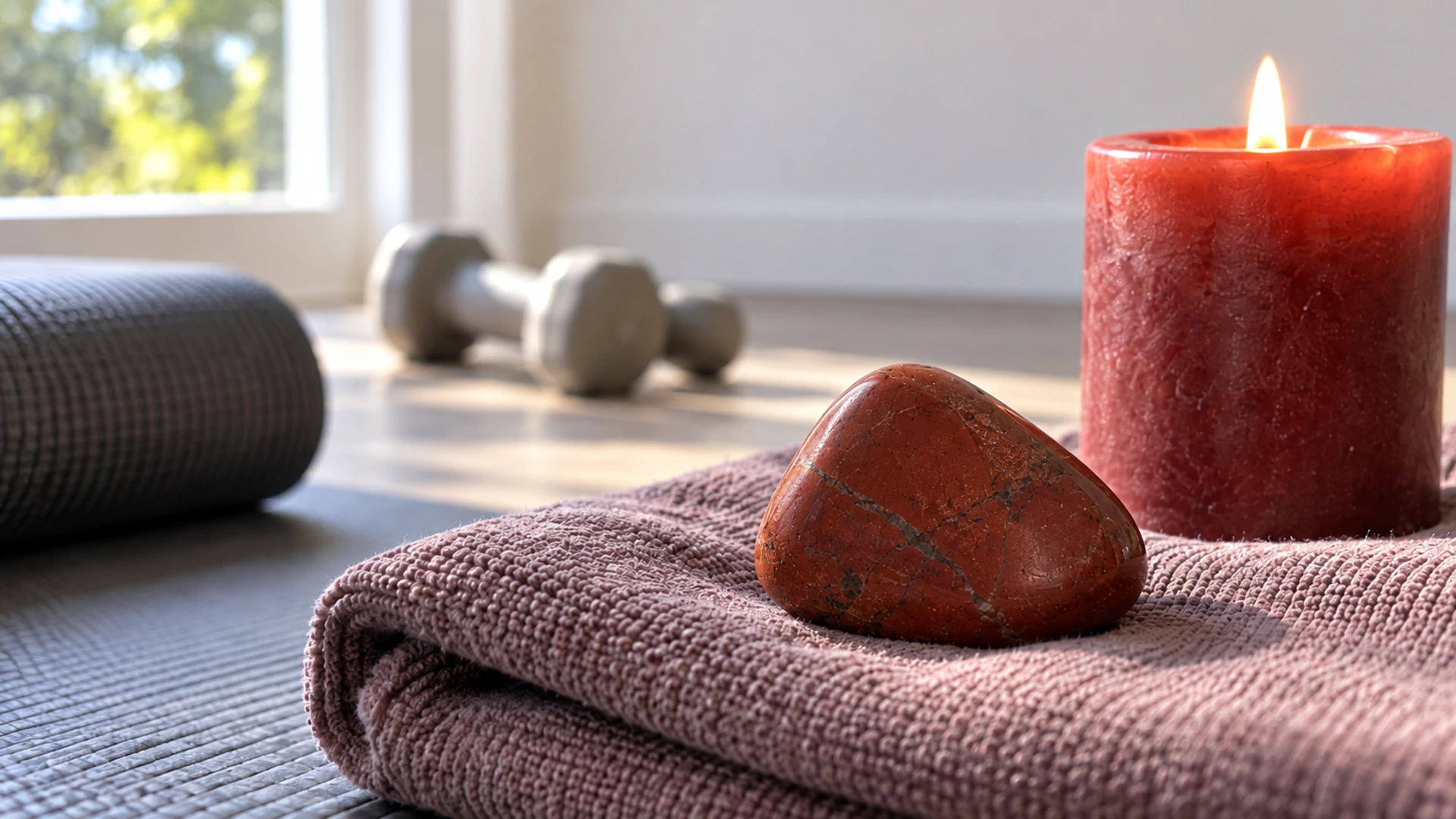 Tumbled deep red jasper stone beside a lit red candle in a home gym