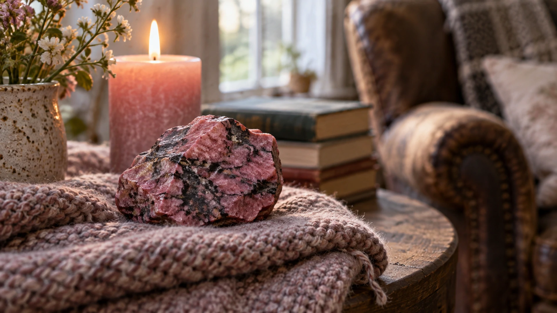 Raw deep pink rhodonite stone with black veining beside a lit pink candle