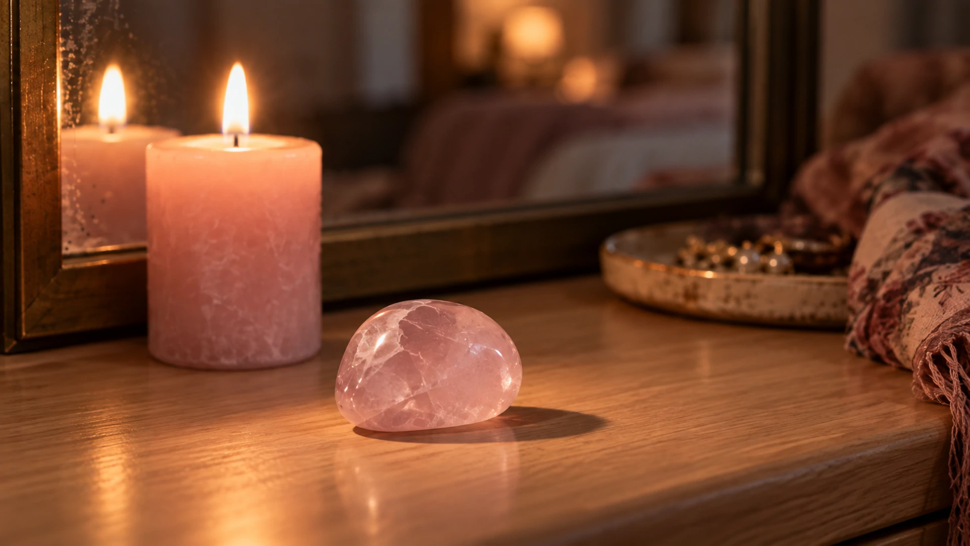 Tumbled pale pink rose quartz stone beside a lit pink candle in front of a mirror