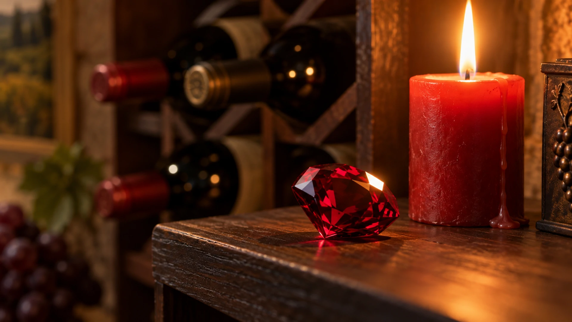 Faceted deep red ruby gem beside a lit red candle