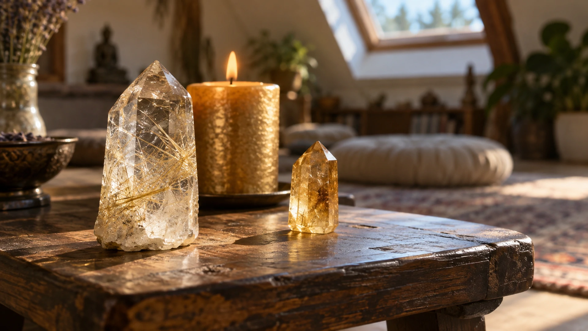 Raw rutilated quartz crystal with golden threads beside a citrine point and a lit gold candle