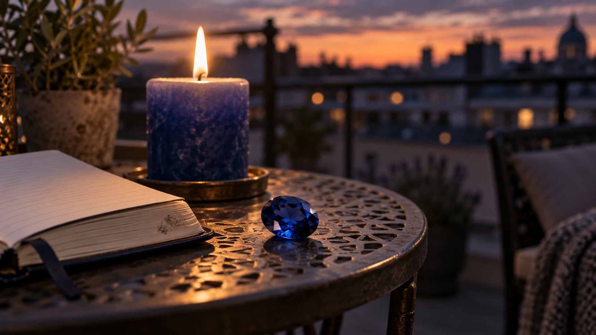 Faceted deep blue sapphire beside a lit blue candle and an open journal at dusk