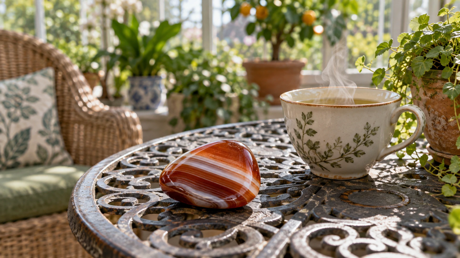 Polished banded red-brown and white sardonyx stone beside a cup of tea