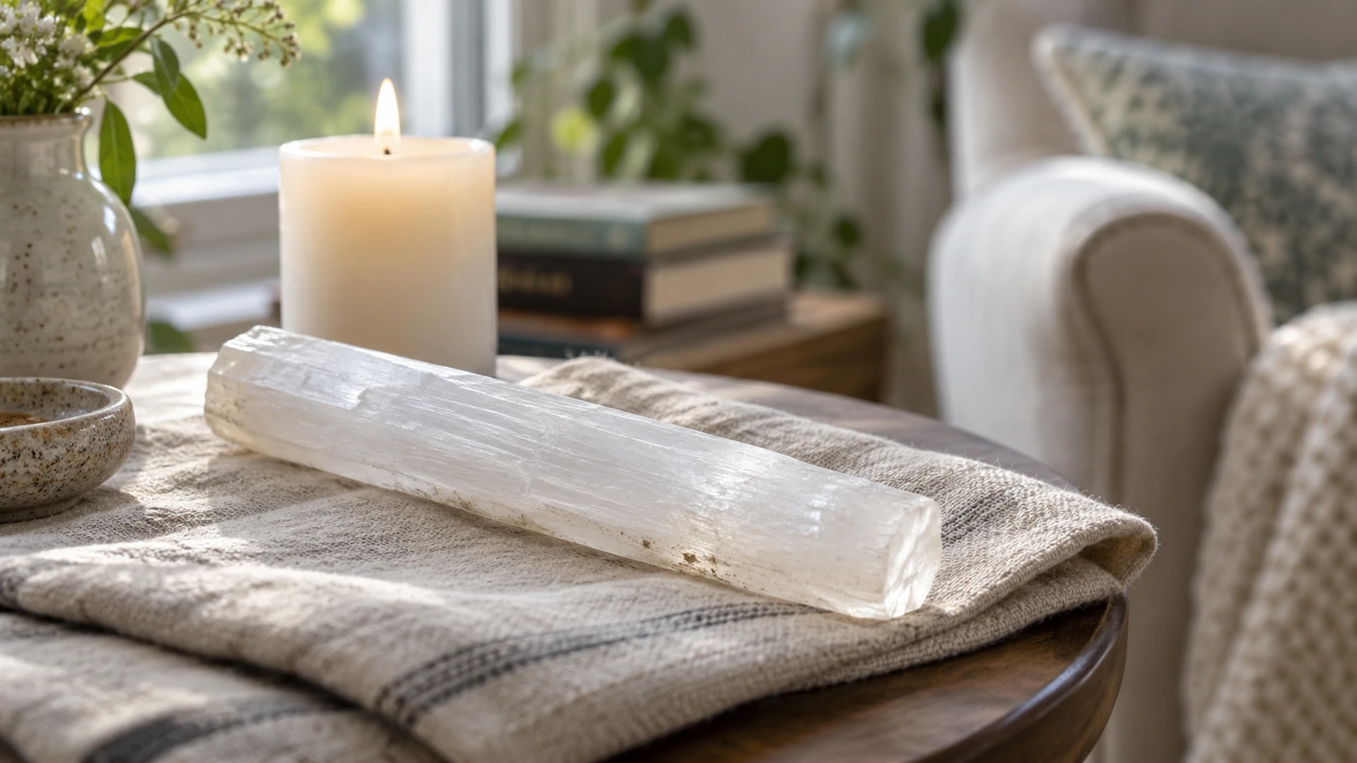 Raw white selenite wand resting beside a lit white candle in a sunlit reading nook