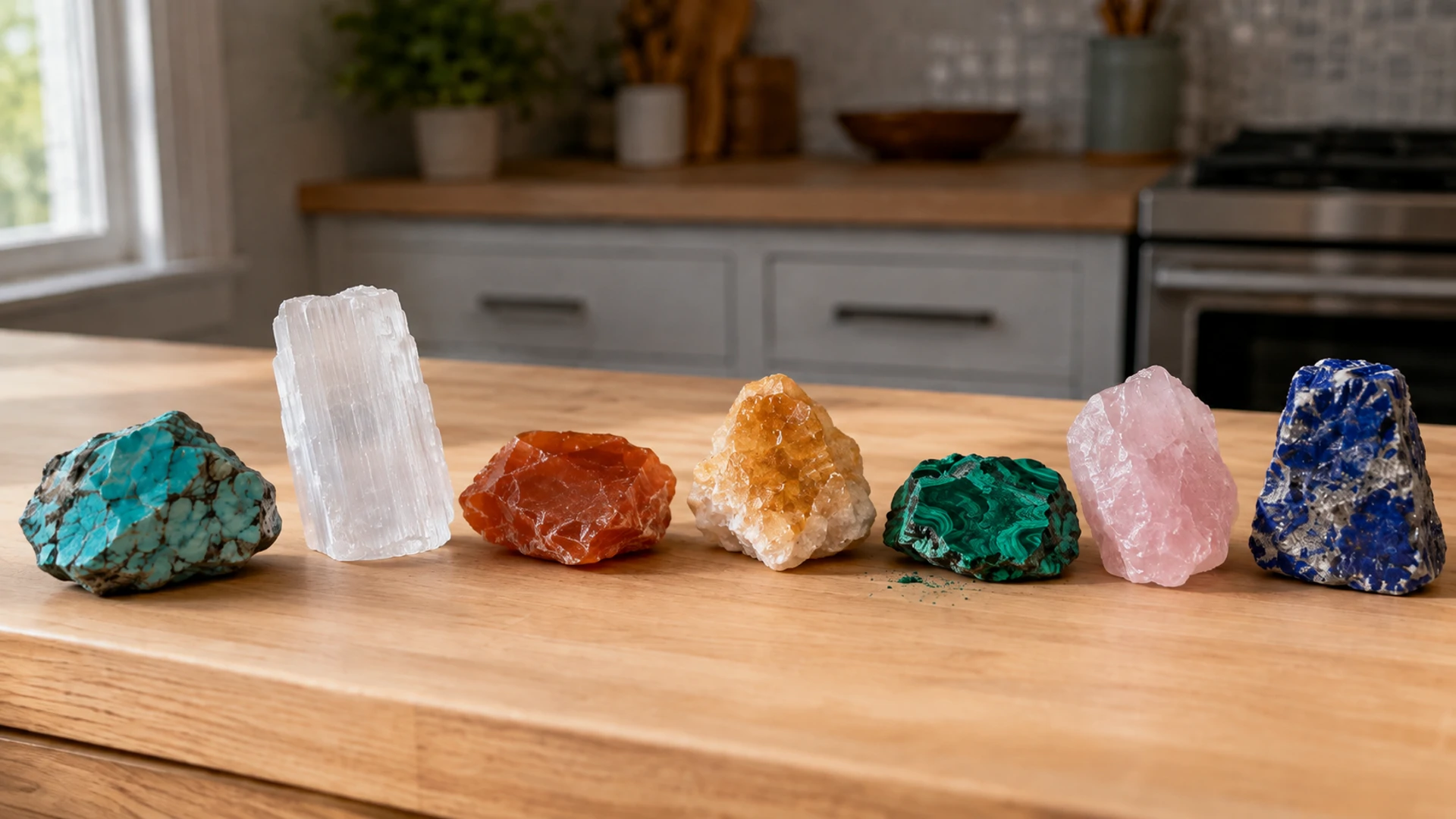 Raw protection, cleansing, healing, empowerment, abundance, love, and intuition crystals lined up on a wood counter