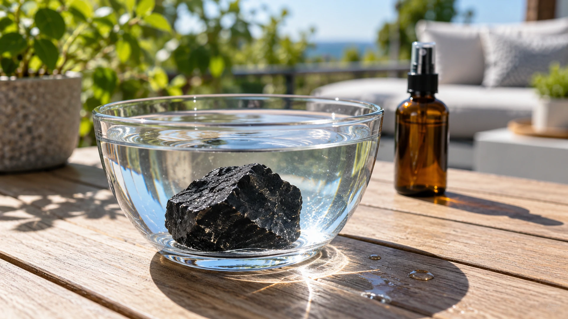 Dark shungite stone submerged in a glass bowl of water on a sunny patio table