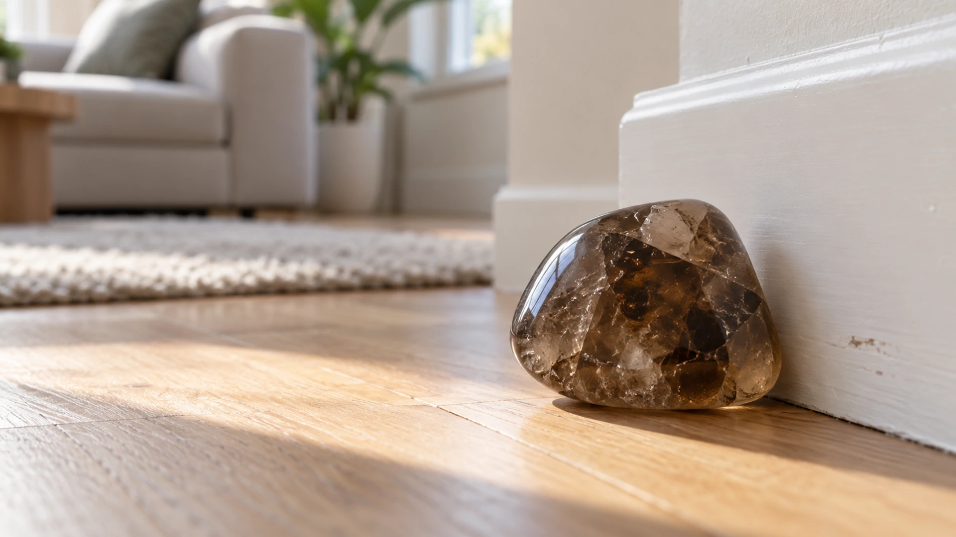 Brown smoky quartz stone placed in the corner of a bright modern living room