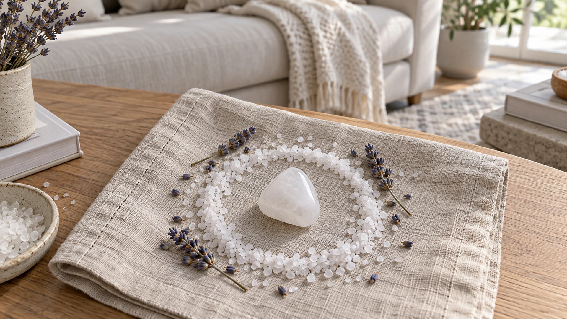 Tumbled milky white snow quartz stone surrounded by a ring of salt and dried lavender