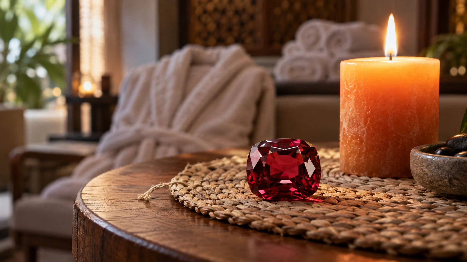 Polished deep red spinel gem beside a lit orange candle on a spa lounge table