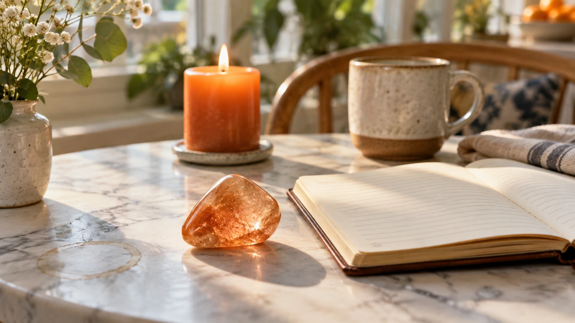 Polished sunstone with a warm shimmer beside an open journal and a lit orange candle