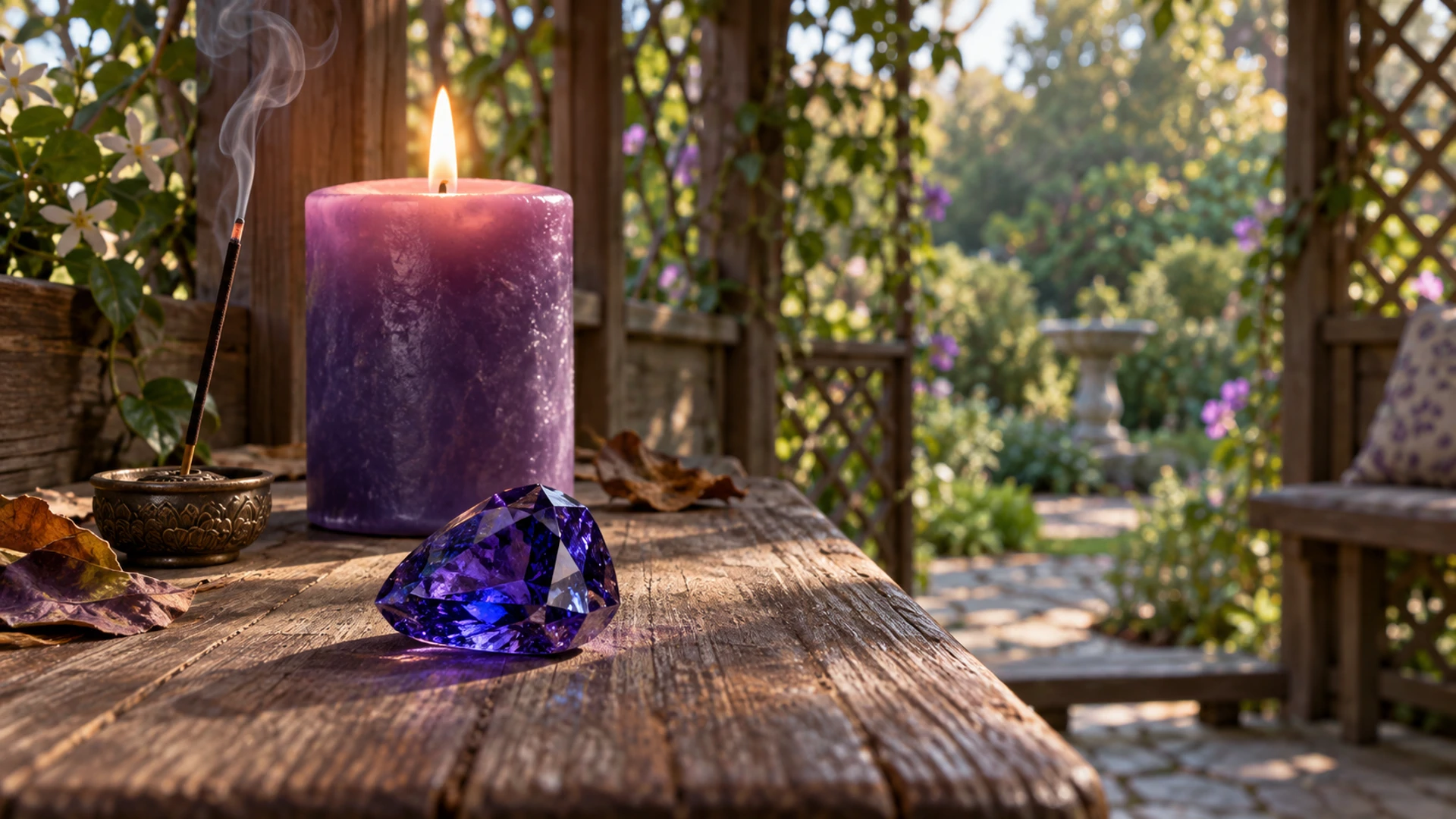 Faceted blue-violet tanzanite gem beside a lit purple candle and burning incense in a gazebo