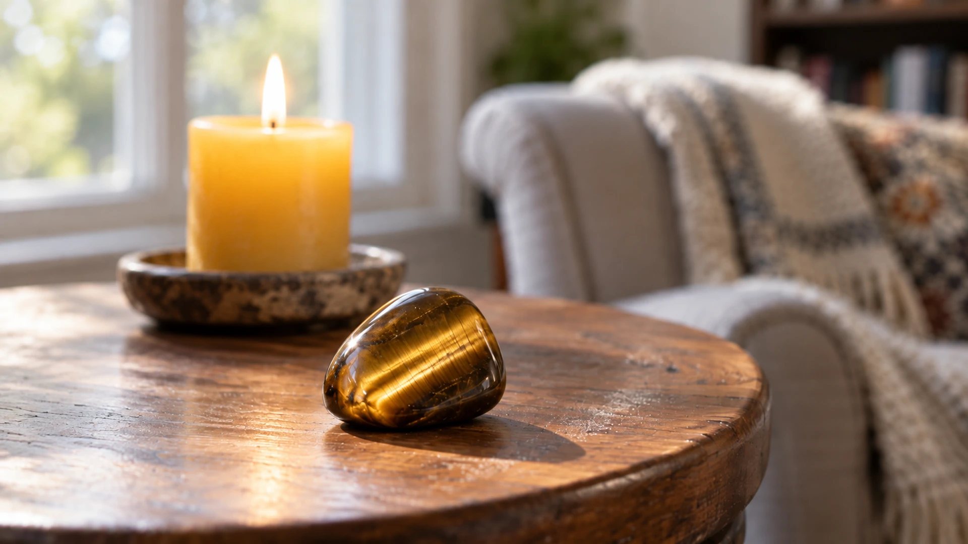 Tumbled golden-brown tiger's eye stone beside a lit yellow candle