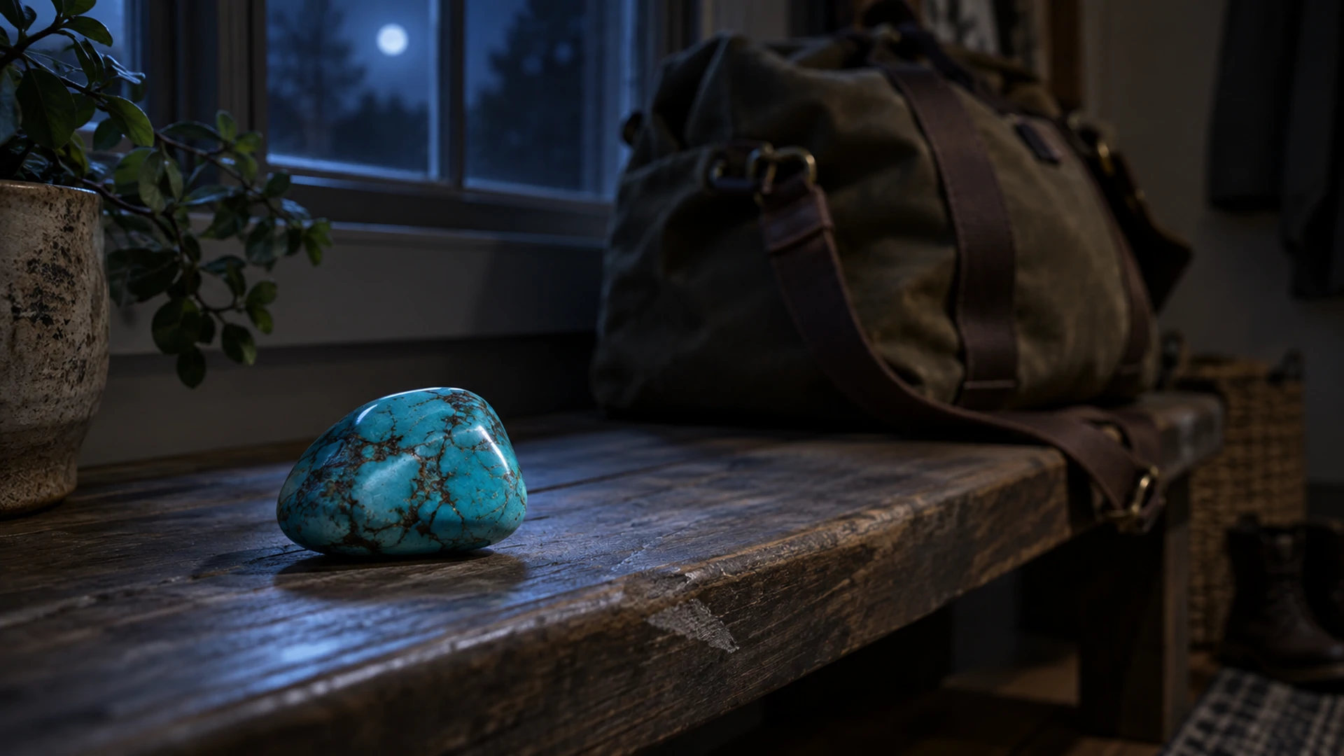 Polished blue-green turquoise stone in moonlight beside a packed travel bag
