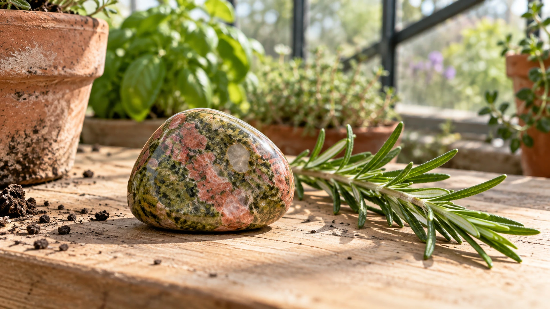 Tumbled pink and green mottled unakite stone beside a fresh rosemary sprig