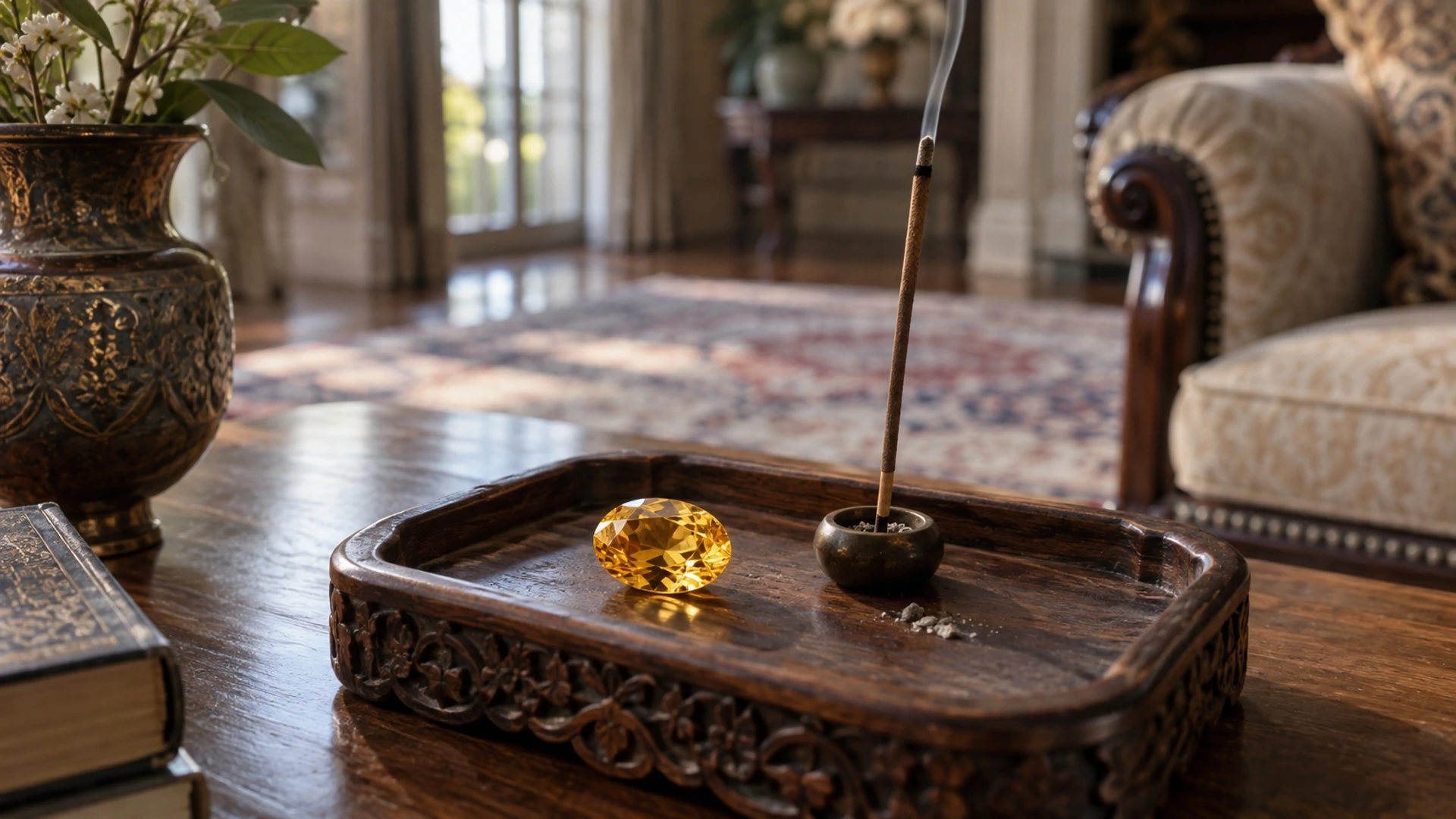 Polished golden-yellow sapphire beside a stick of burning bay laurel incense
