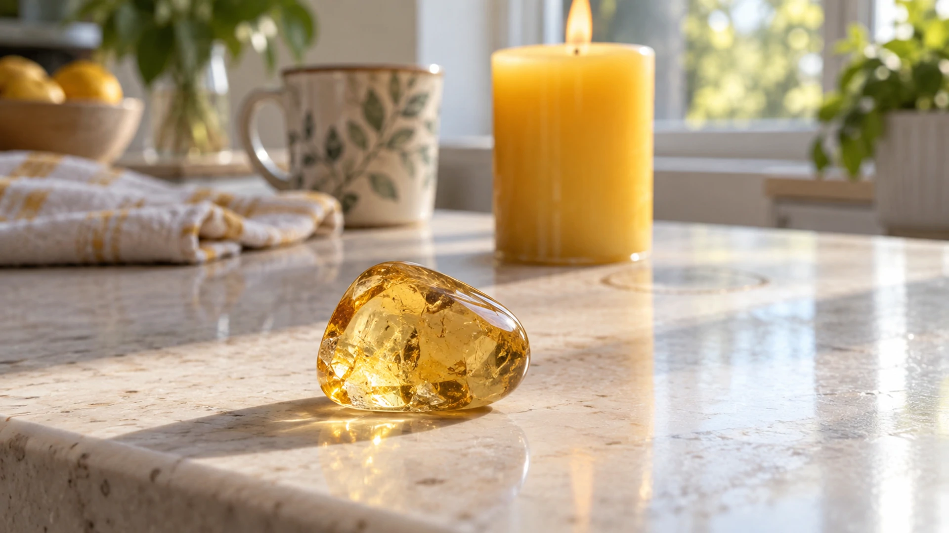 Tumbled golden-yellow topaz stone beside a lit yellow candle on a breakfast bar