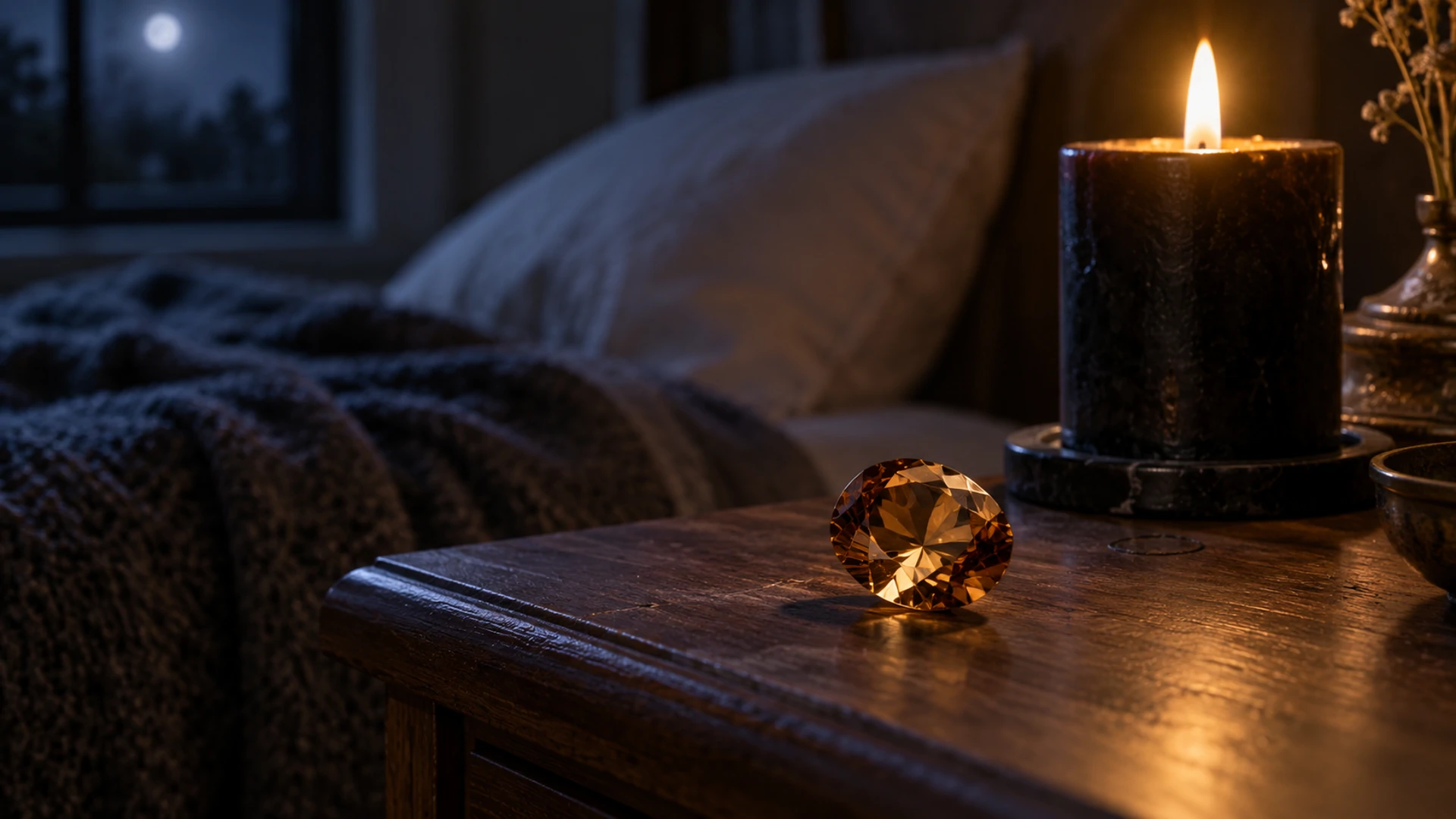 Faceted golden-brown zircon gem beside a lit black candle on a nightstand at night