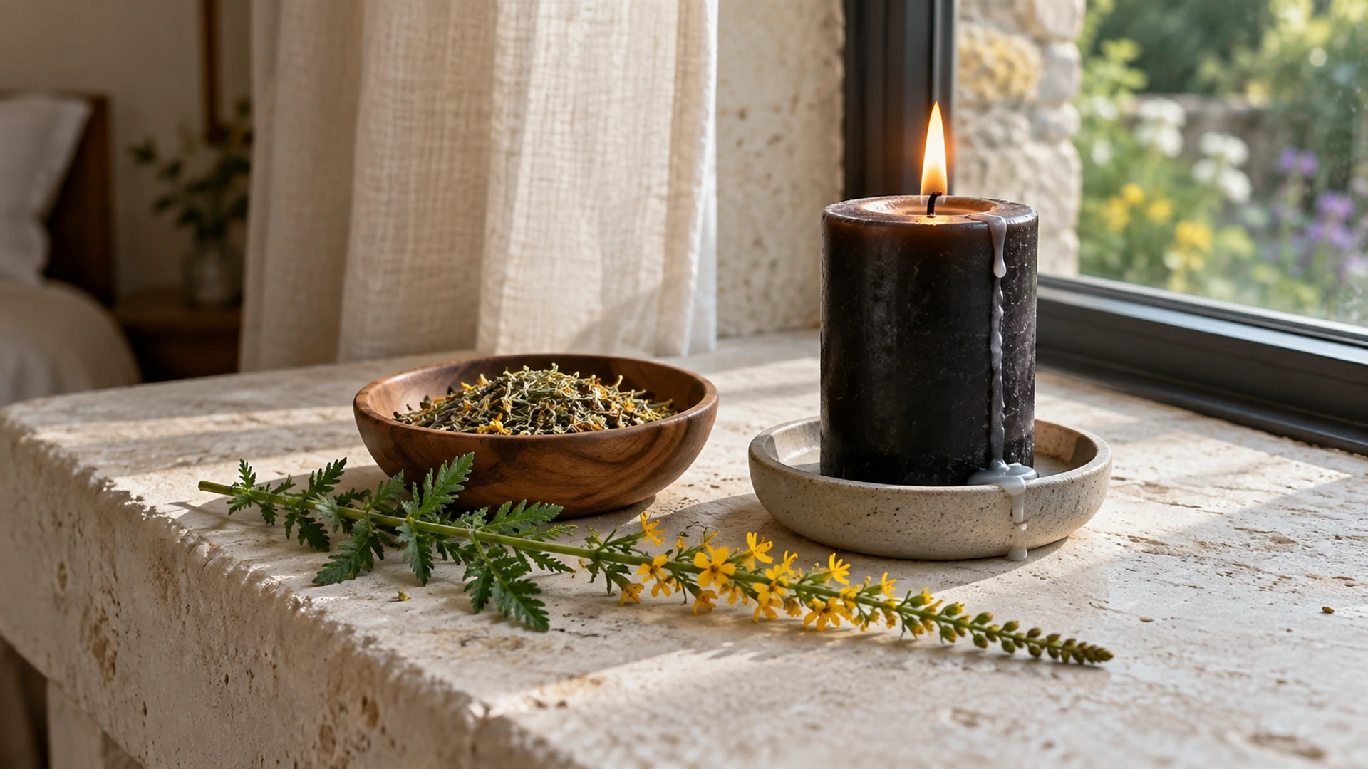 Lit black candle beside crushed dried agrimony and a yellow agrimony flower spike, a hex-reversal working