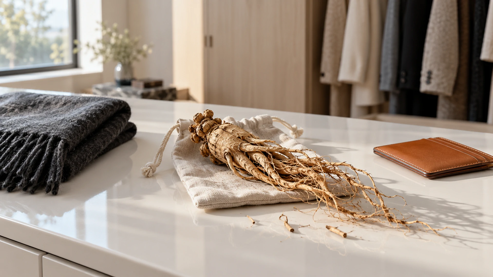 Whole dried angelica root on an open linen pouch beside a wool scarf, a carried protection charm for hard times
