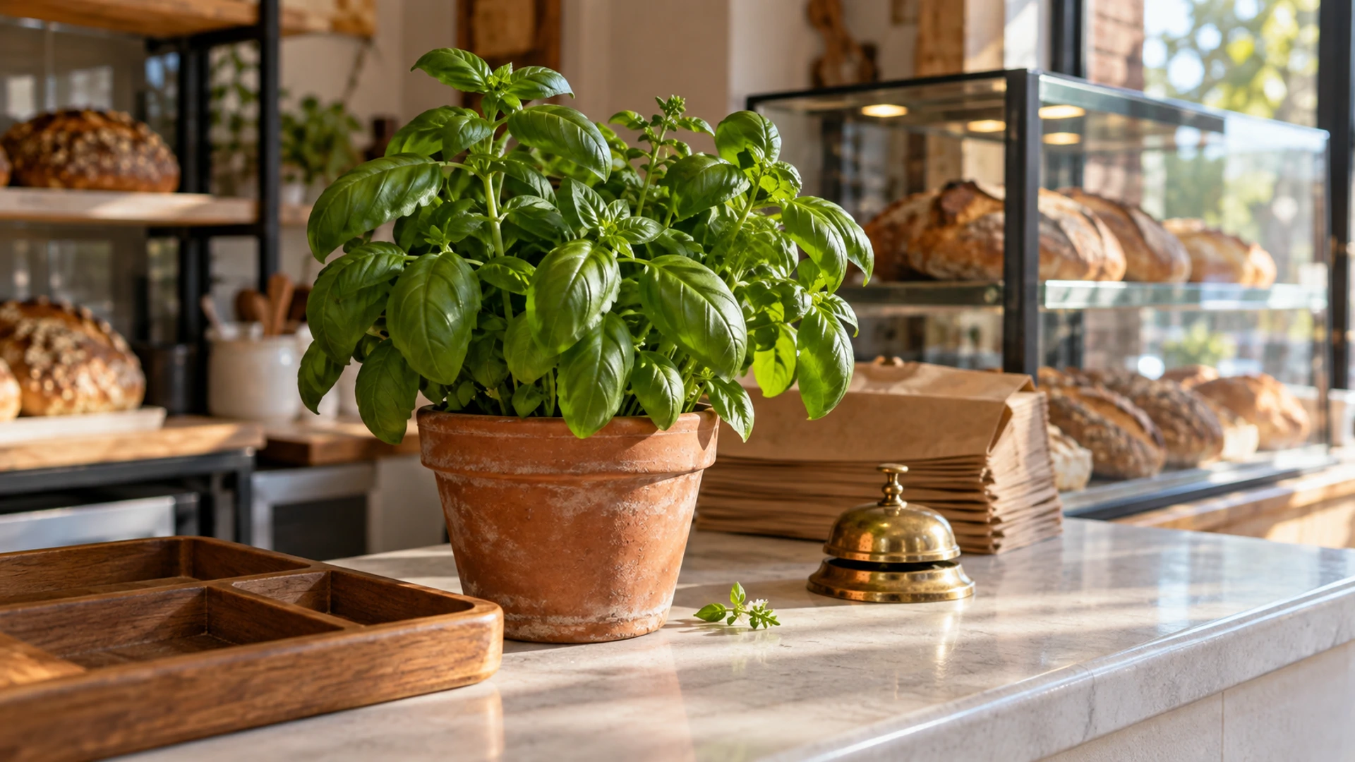 Potted sweet basil plant on a shop counter beside a wooden cash tray, a folk charm for steady business income