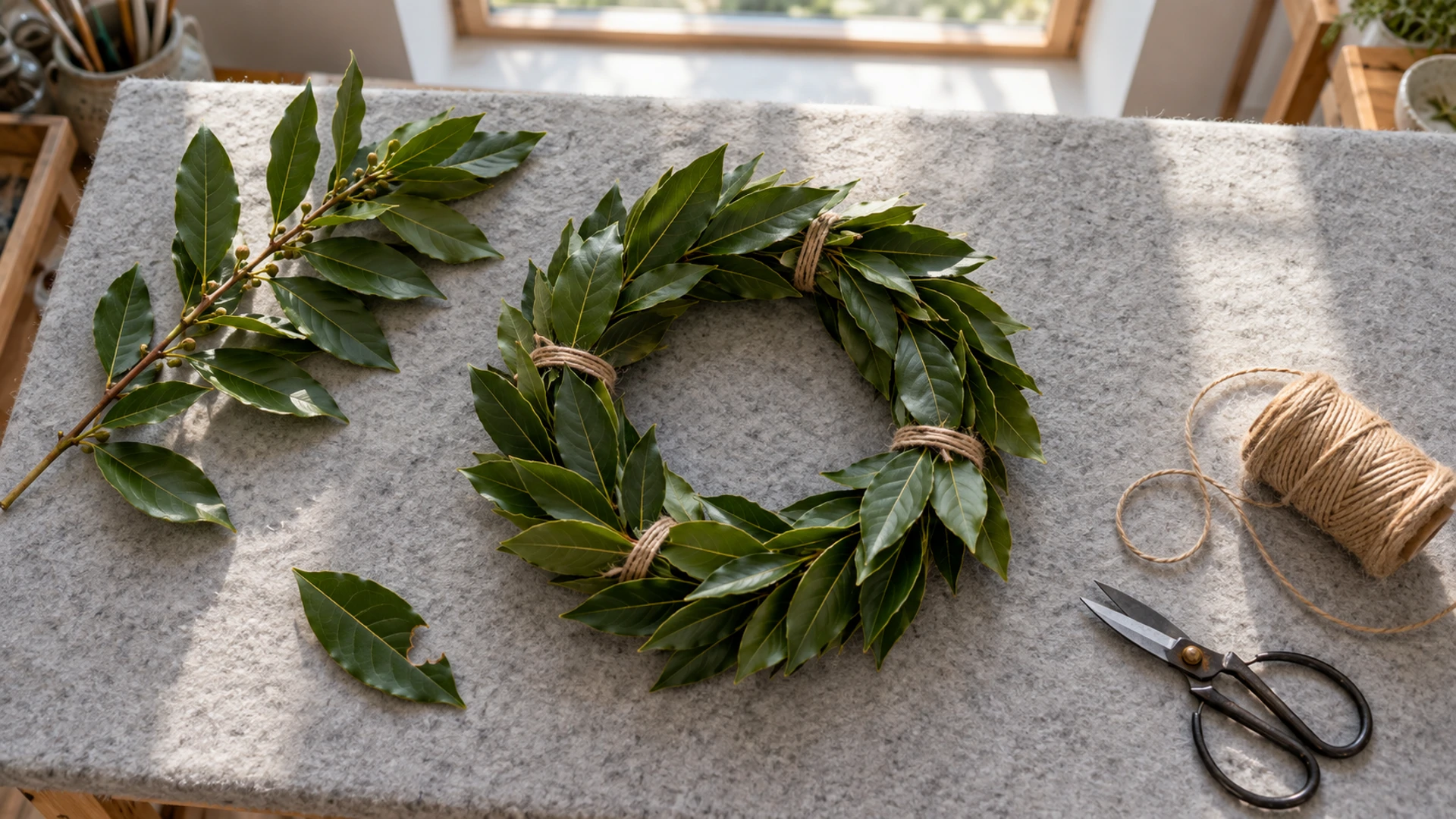 Small wreath of bay laurel leaves bound with twine beside a fresh bay sprig, a laurel crown for success