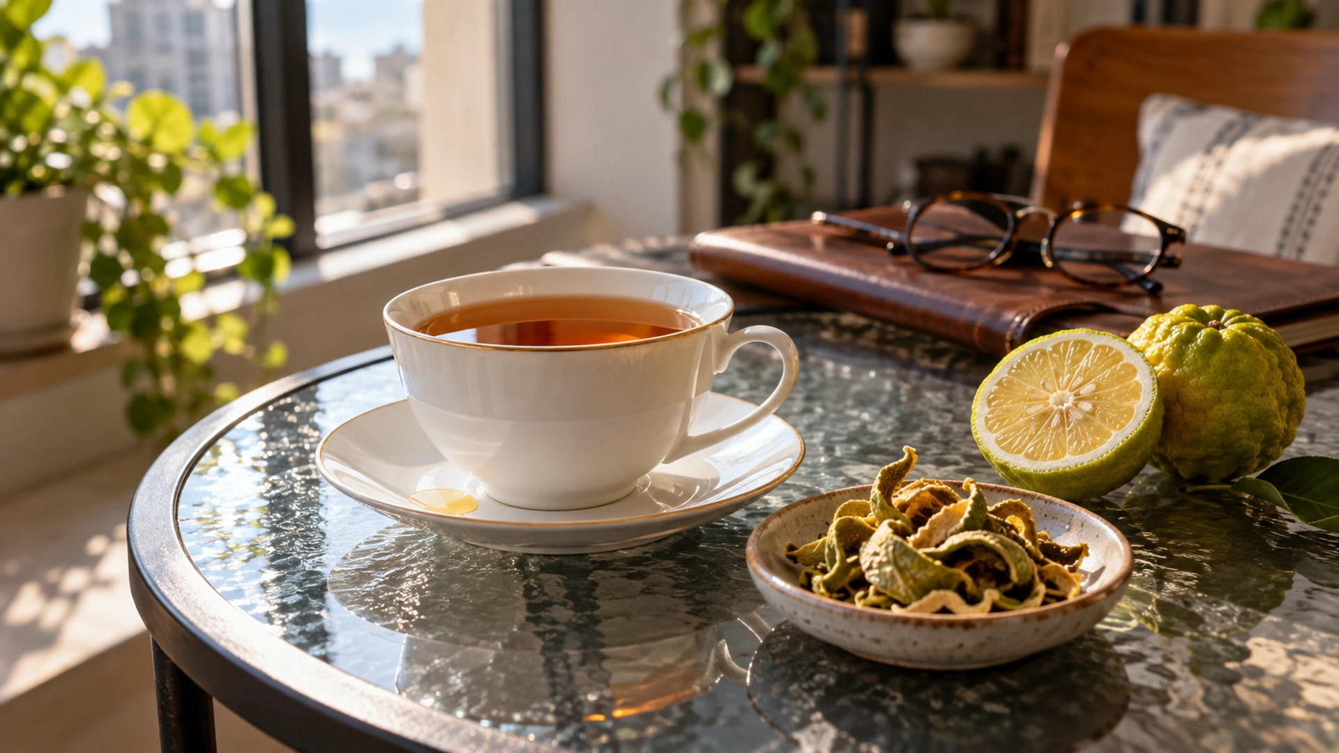 Cup of Earl Grey tea beside a halved bergamot fruit and dried bergamot peel, a ritual for business opportunity