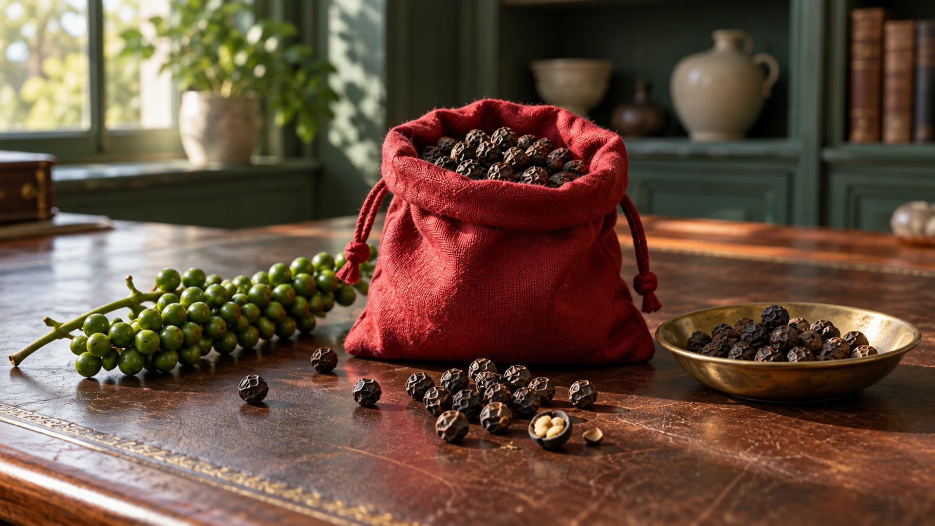 Red cloth charm bag of whole black peppercorns beside a fresh green peppercorn cluster, a banishing boundary charm