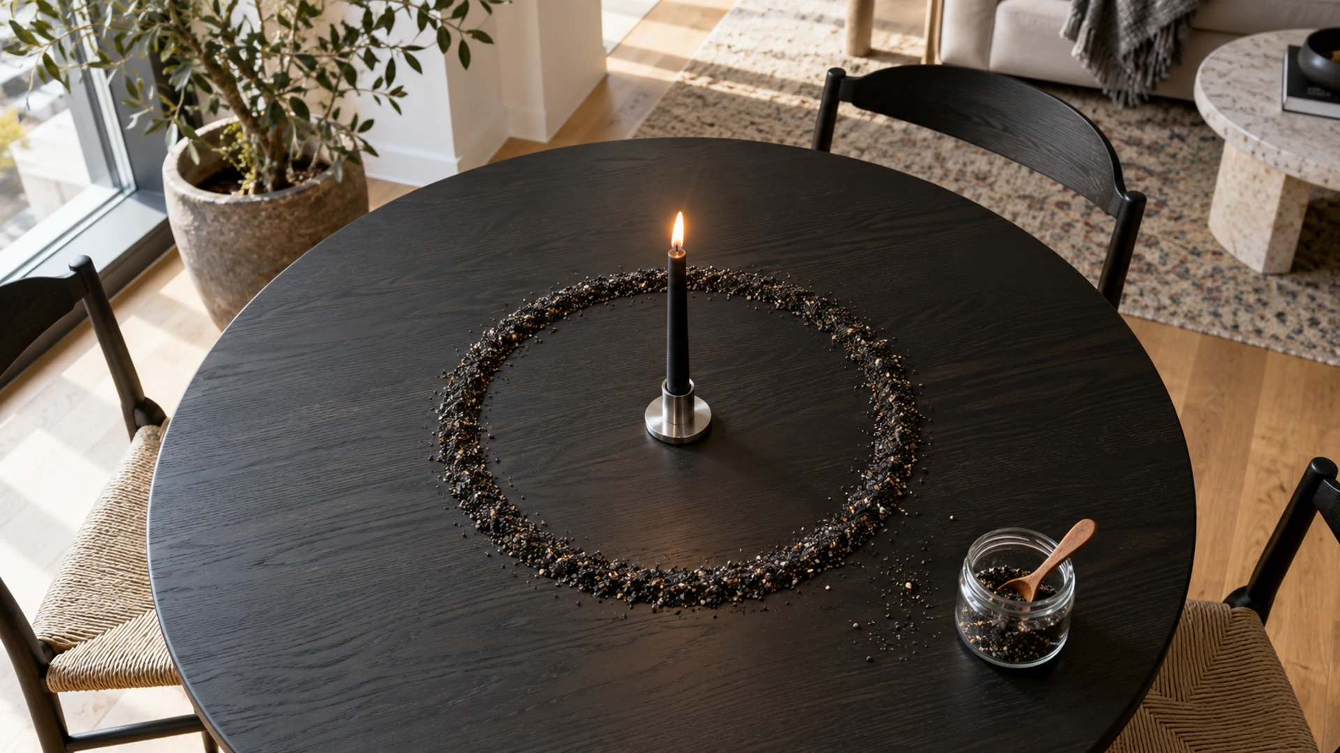 Ring of ritual black salt around a lit black candle on a table, a protective circle for banishing magic