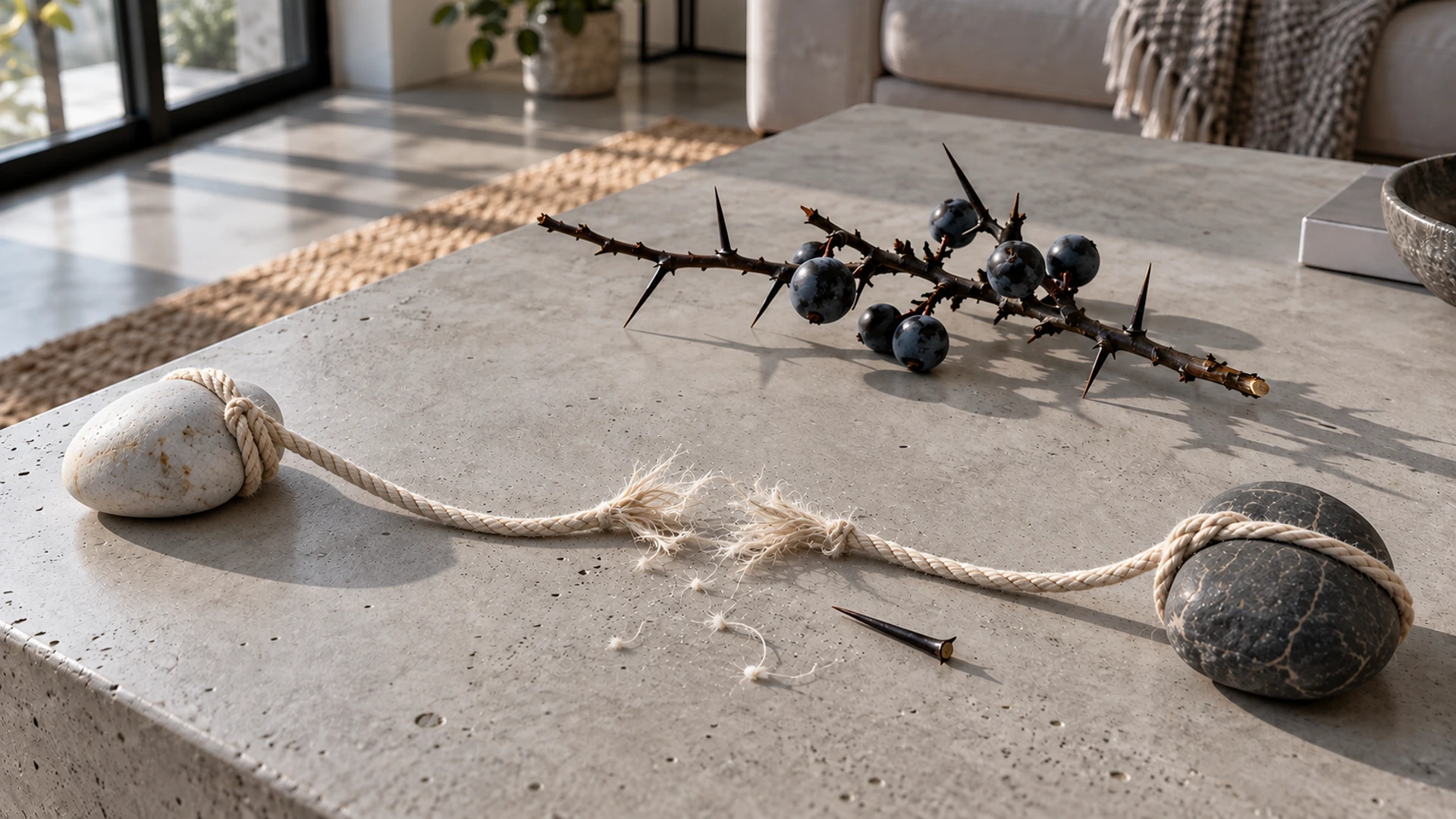 Cord frayed apart with a blackthorn thorn between two stones beside a blackthorn sprig with sloes, a cord-cutting ritual