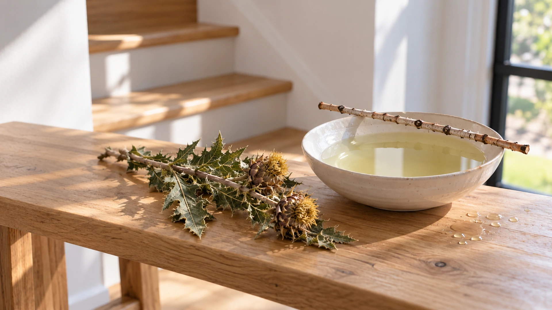 Bowl of blessed thistle infusion beside dried spiny blessed thistle stems and gloves, an unhexing house sprinkle