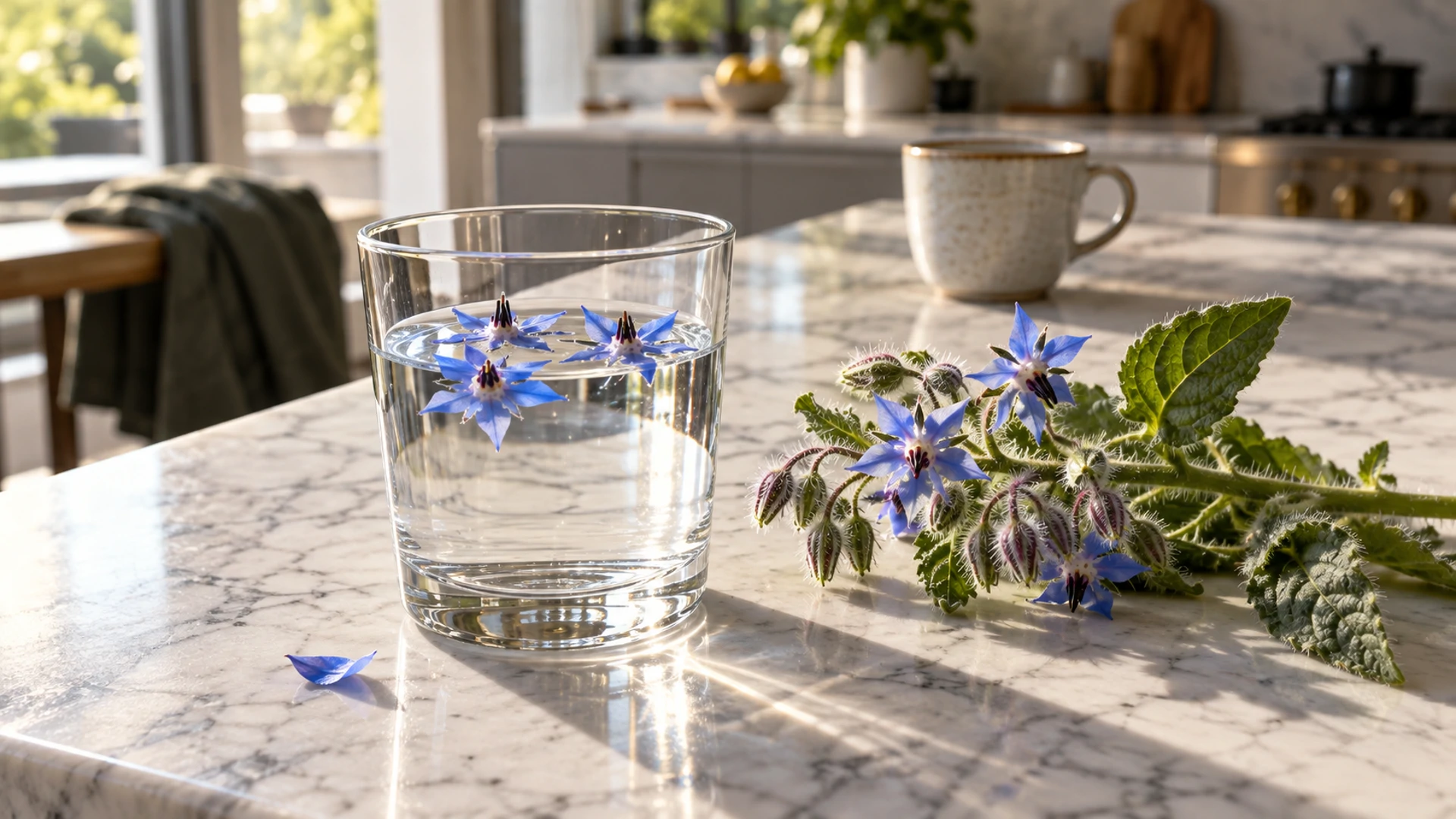 Glass of water with floating blue borage flowers beside a fresh borage stem, a morning ritual to restore courage
