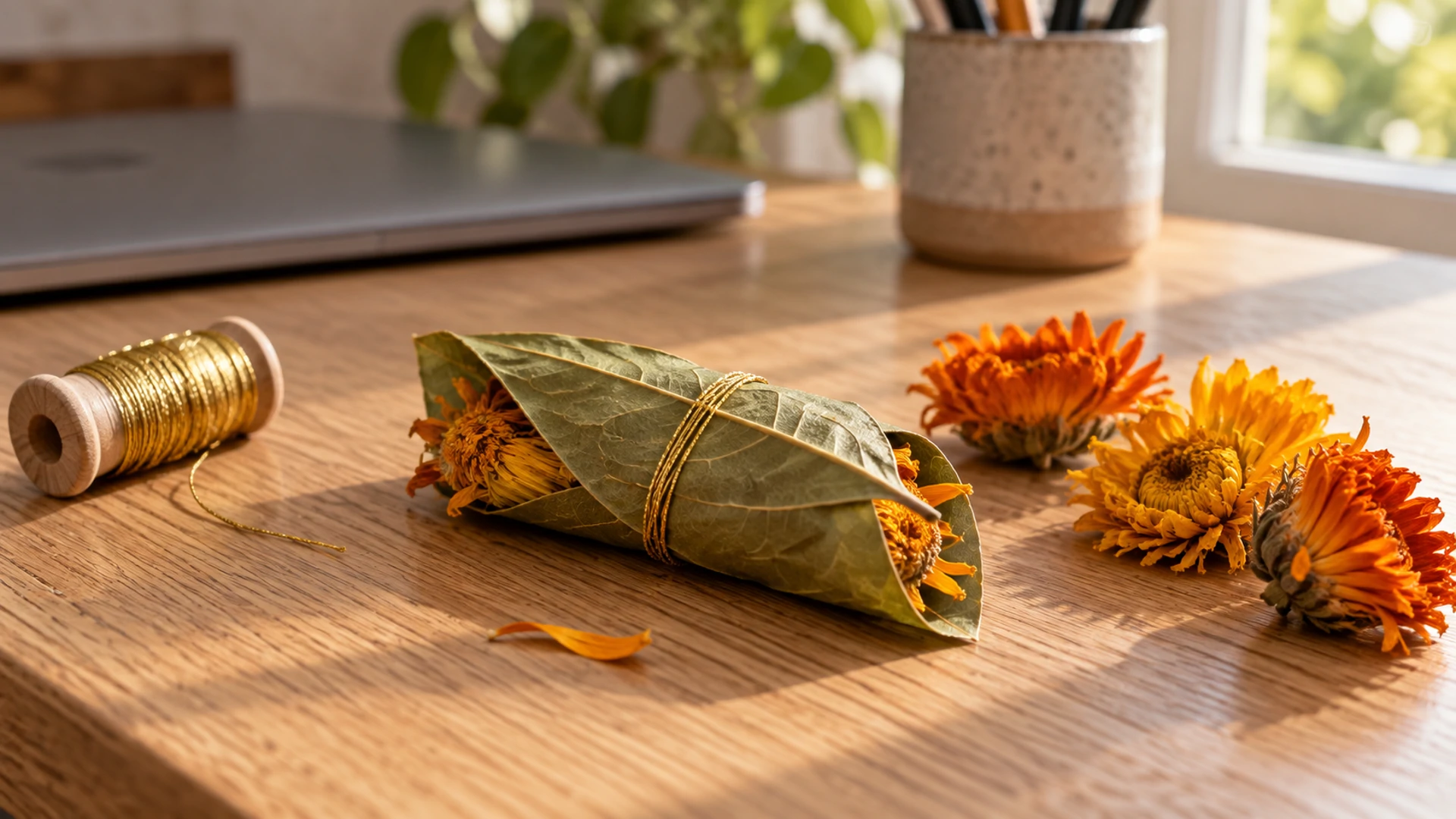 Dried calendula flowers wrapped in a bay leaf and tied with gold thread beside loose marigold heads, a charm against gossip